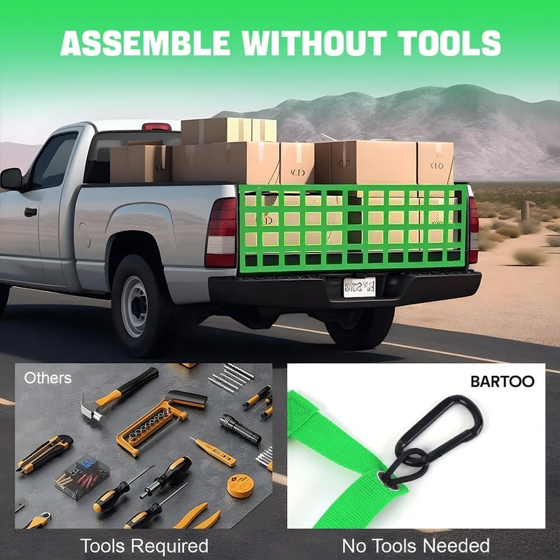 BARTOO Tailgate Net for Pickup Truck Bed, 60'' x 18'' Tailgate Mesh Cargo Net for Full Size Truck, Heavy Duty Cargo Netting with Hooks for Chevrolet, Ford, Toyota, GMC, Jeep, Fluorescent Green - Image 4